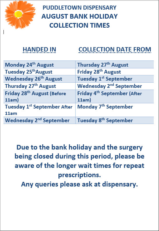 Aug Bank Holiday Collection Dispensary Medications