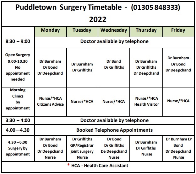 Puddletown Surgery Timetable